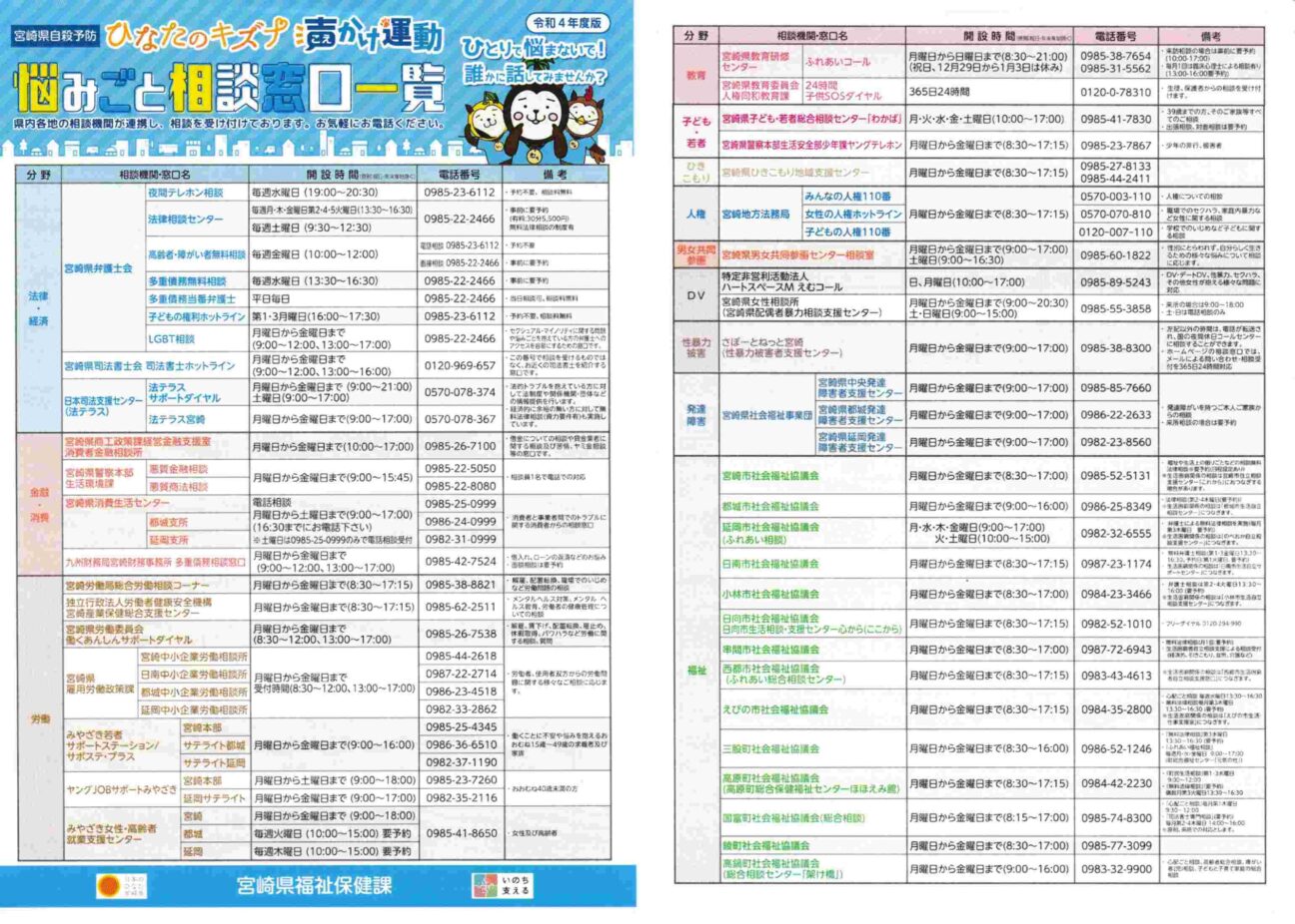 ひなたのキズナ声かけ運動 悩みごと相談窓口一覧 | gena by